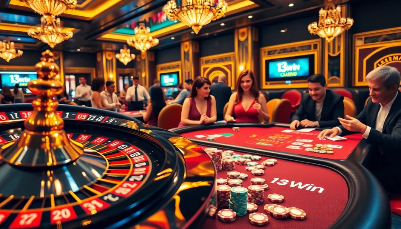 The excitement of players engaging in games at 13Win casino, showcasing vibrant poker chips and roulette.
