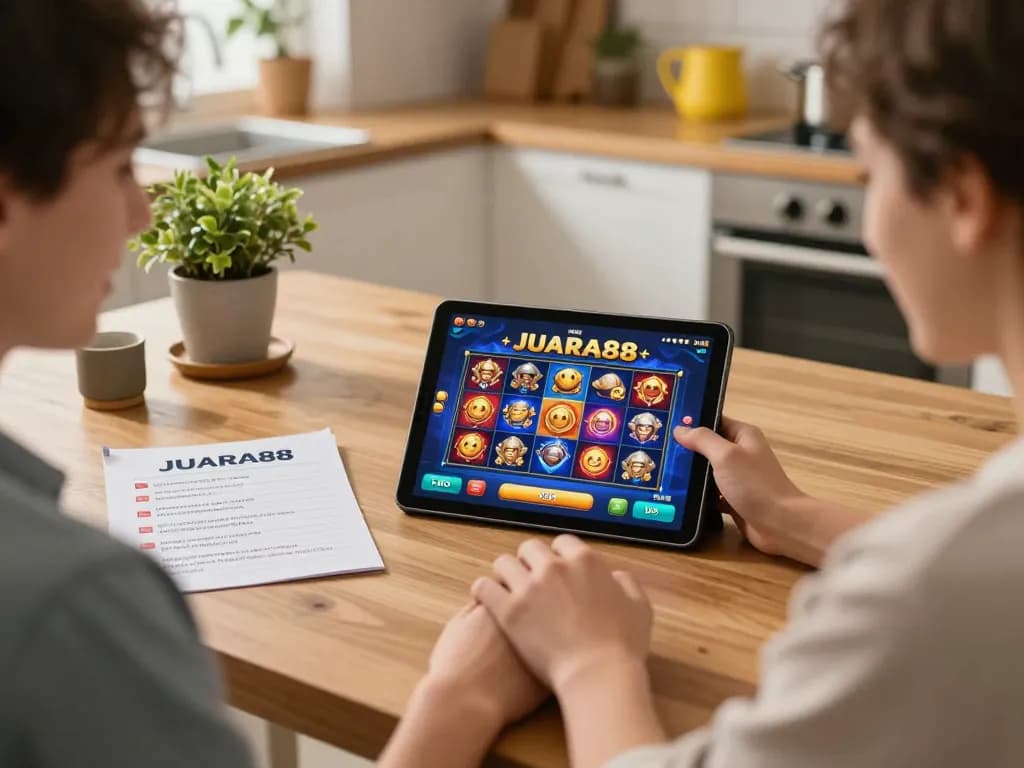 JUARA88 player engaging with online slot games on a tablet at home, promoting responsible gambling.