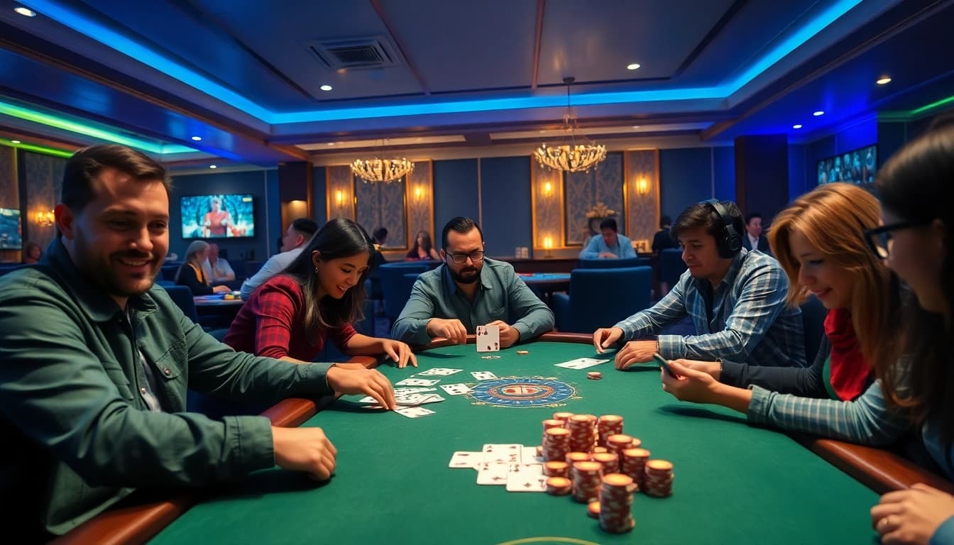 Exciting scene of game đổi thưởng in an online casino setting with players and card games.