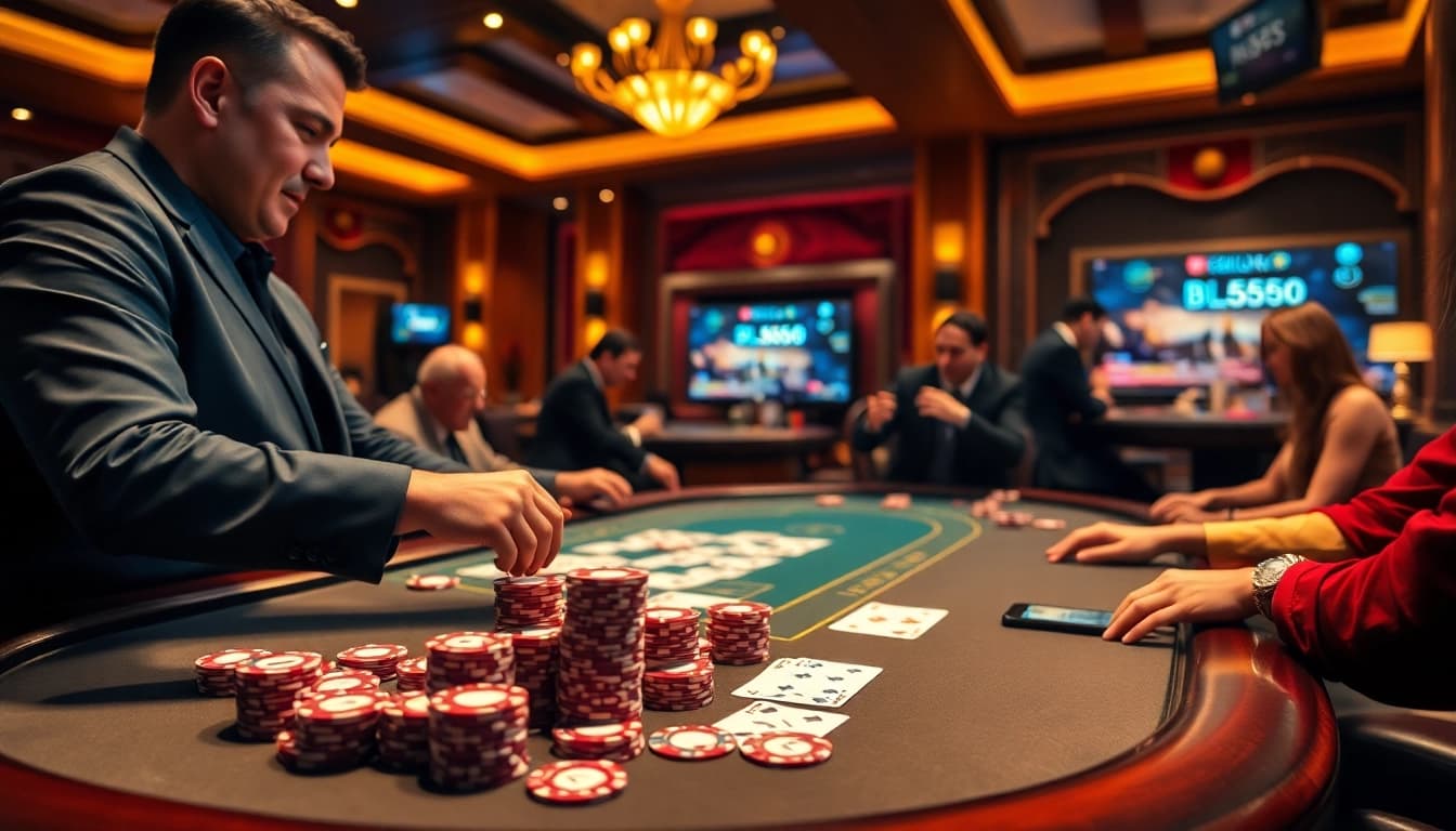 Participe de uma jogabilidade emocionante na mesa de cassino sofisticada da BL555 com fichas de poker e cartas.
