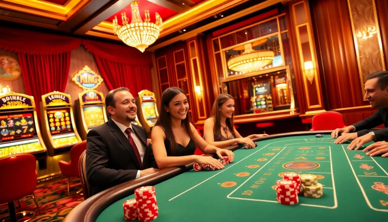 K88 players enjoying a thrilling live dealer game at a vibrant casino table with poker chips.