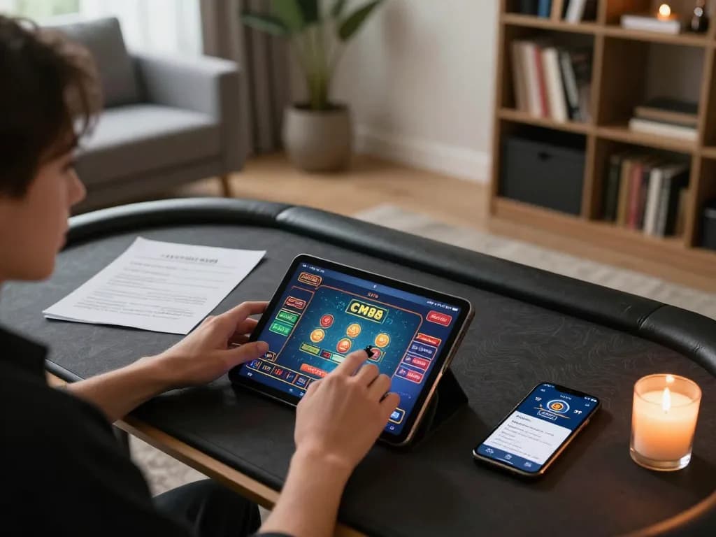 Engaging with CM88 online casino games, showcasing strategy notes and betting apps in a cozy setup.
