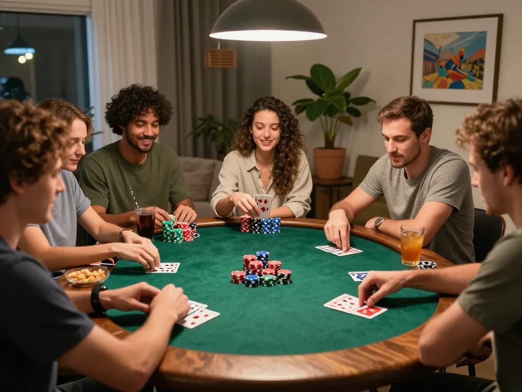 Friends enjoying a lively poker night game at home, showcasing strategies with 28Bet.