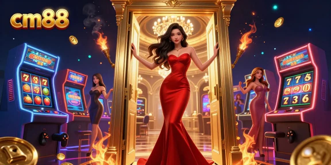 Experience the excitement of cm88 casino with vibrant slot machines and a stunning Asian woman in a luxurious setting.