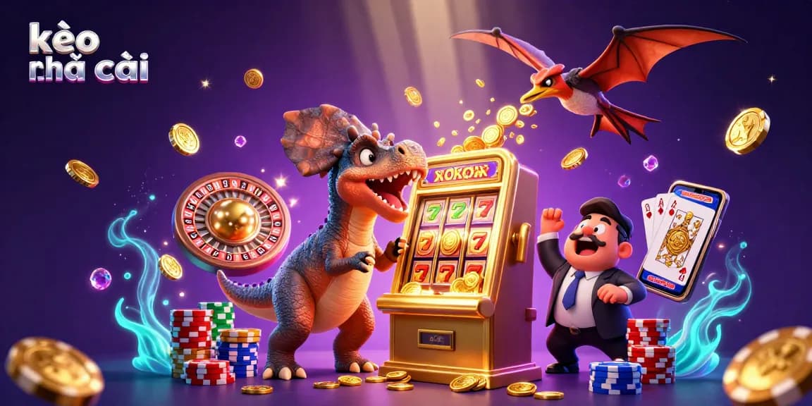 Kèo nhà cái features exciting gameplay with a pachycephalosaurus hitting a slot machine for jackpot coins while a panicked manager and pteranodon collect coins.