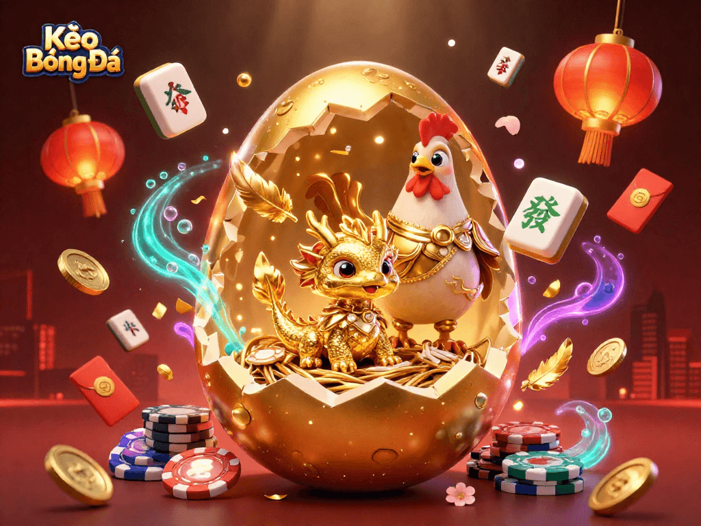 Kèo Bóng Đá showcases a golden egg revealing a golden dragon on poker chips amidst festive gaming elements.