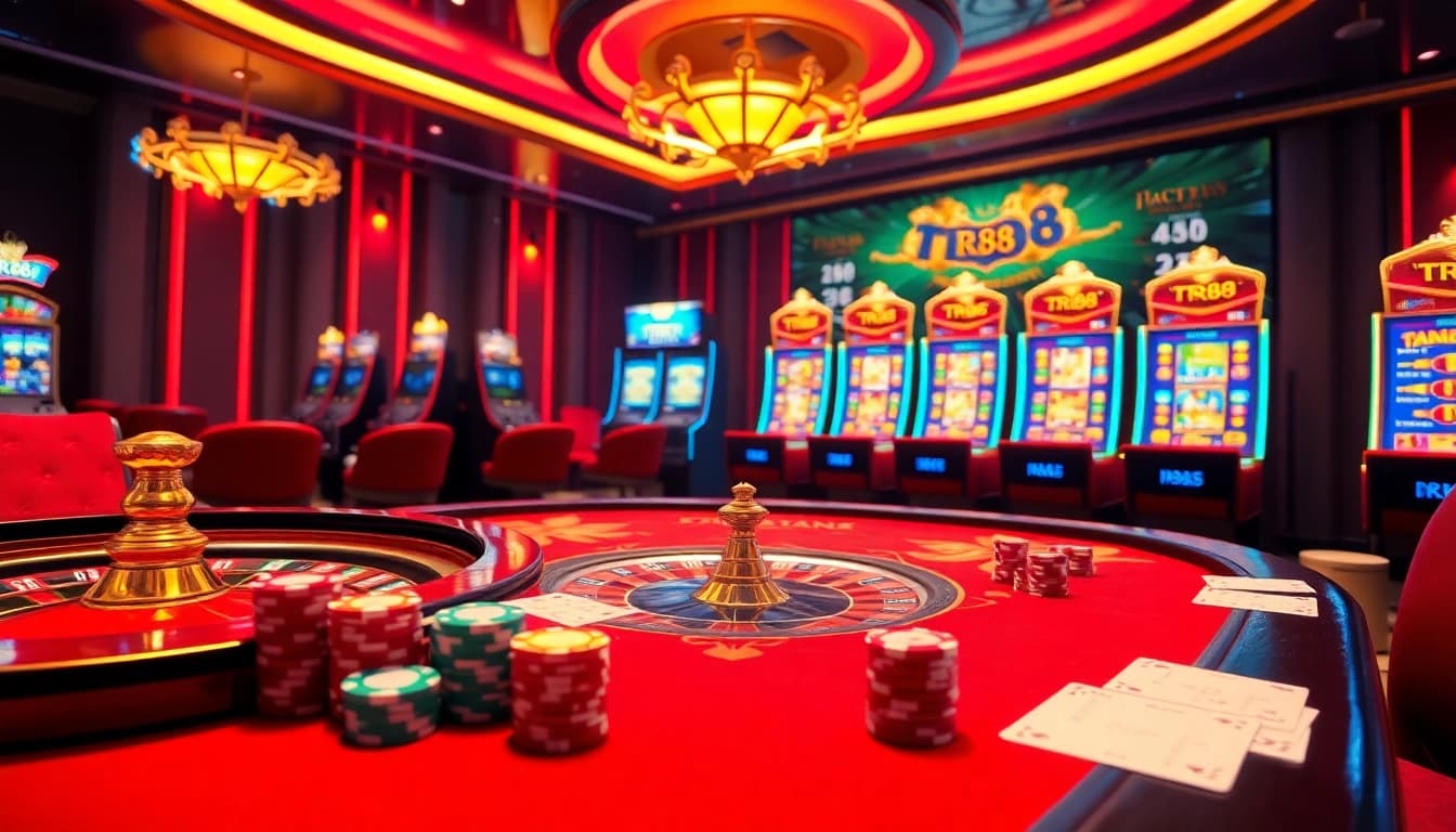 Exciting casino scene featuring TR88 online gaming, poker chips, and slot machines.