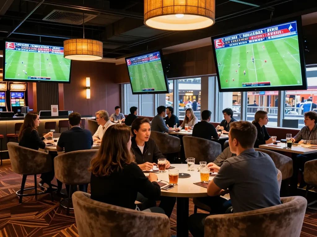 Engaged bettors analyzing odds at the GO8 sports betting lounge during Bundesliga matches.