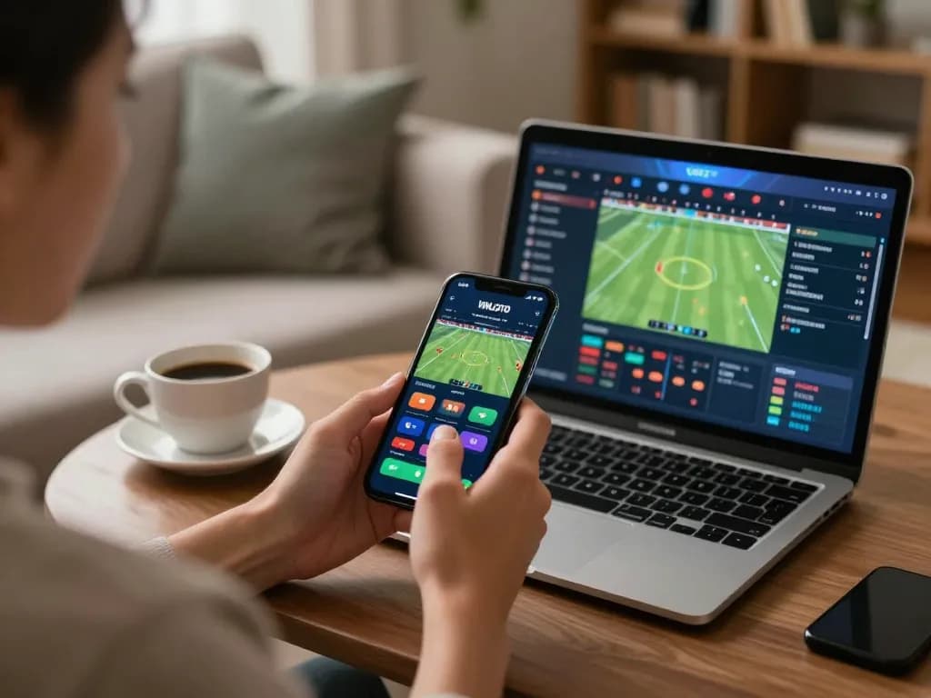 Engaging with the VNLOTO betting app from a comfortable home setup, blending gaming with relaxation.