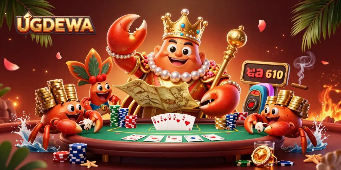 Engage in thrilling gameplay with UGDEWA, highlighted by a massive crab emperor at a lively poker table.