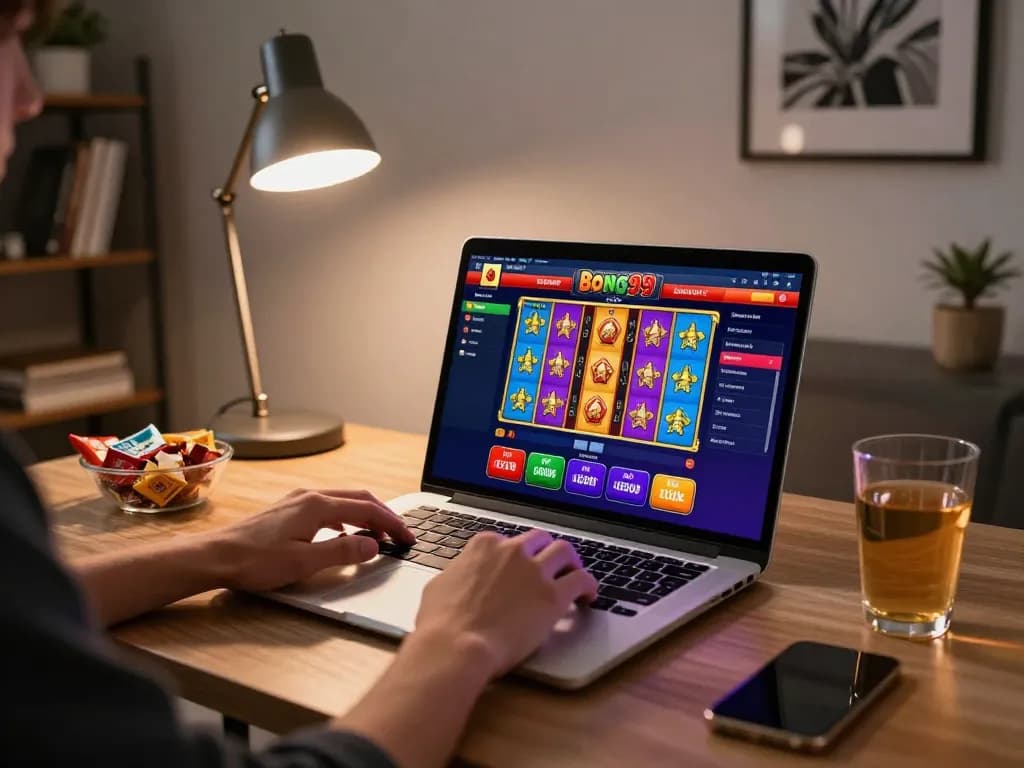 Bong99 online gaming setup showcasing vibrant casino interface on laptop.