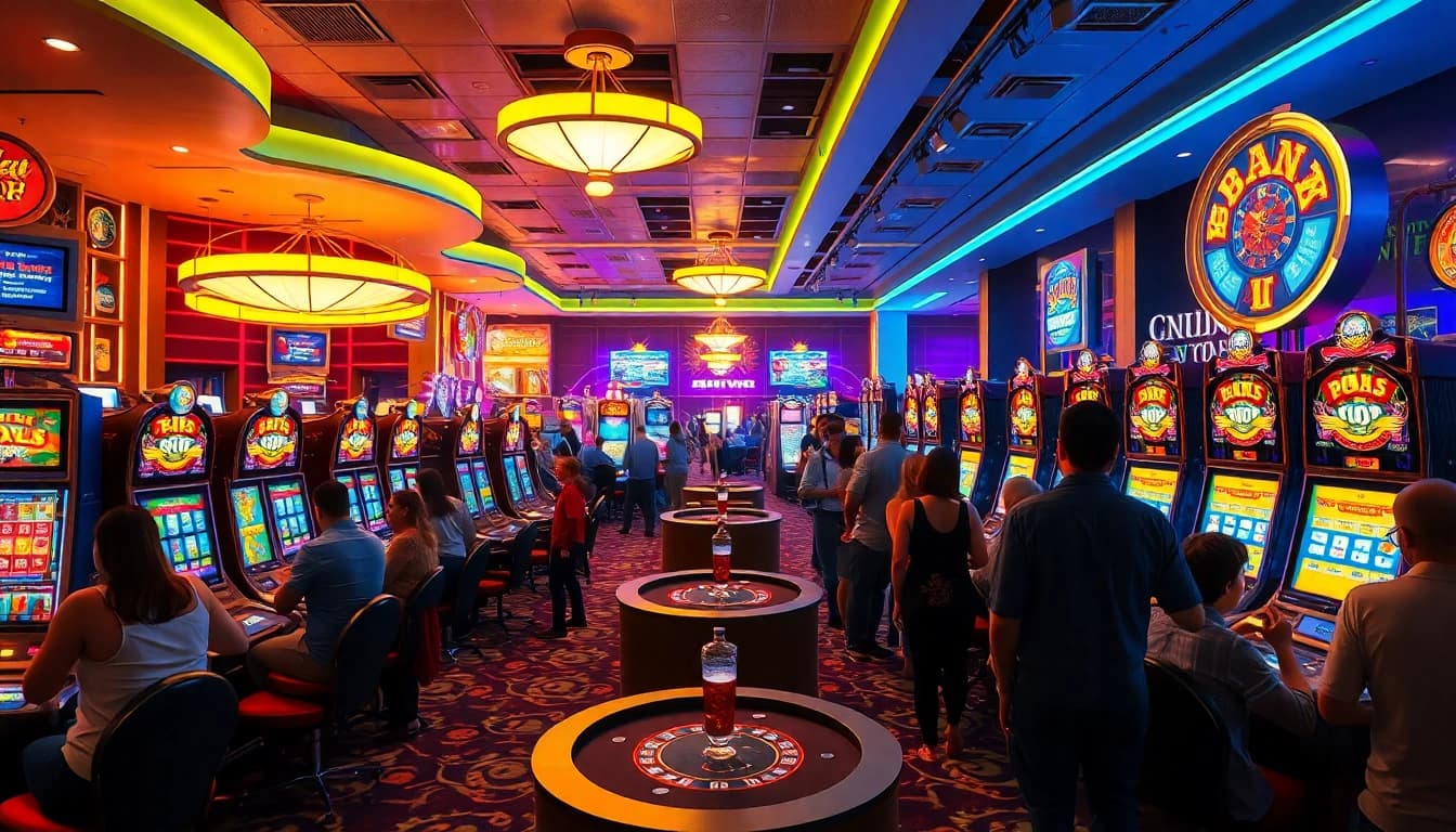 Excited players enjoying games at AT99娛樂城, with colorful slot machines illuminating the casino.