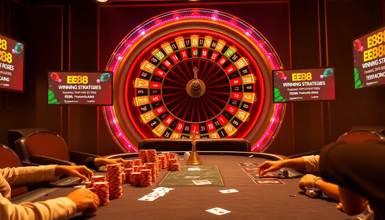An energetic casino scene highlighting EE88 with a vibrant poker game, roulette wheel, and digital promotions.