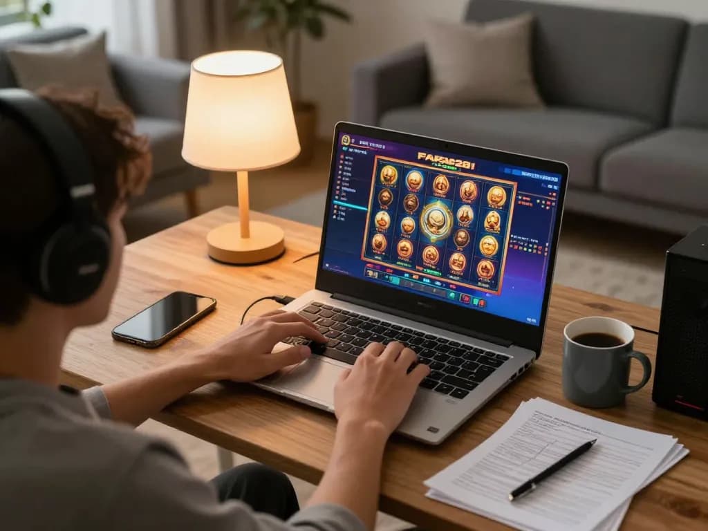 Player enjoying a FAFA828 online slot game at home with strategic notes for responsible gameplay.