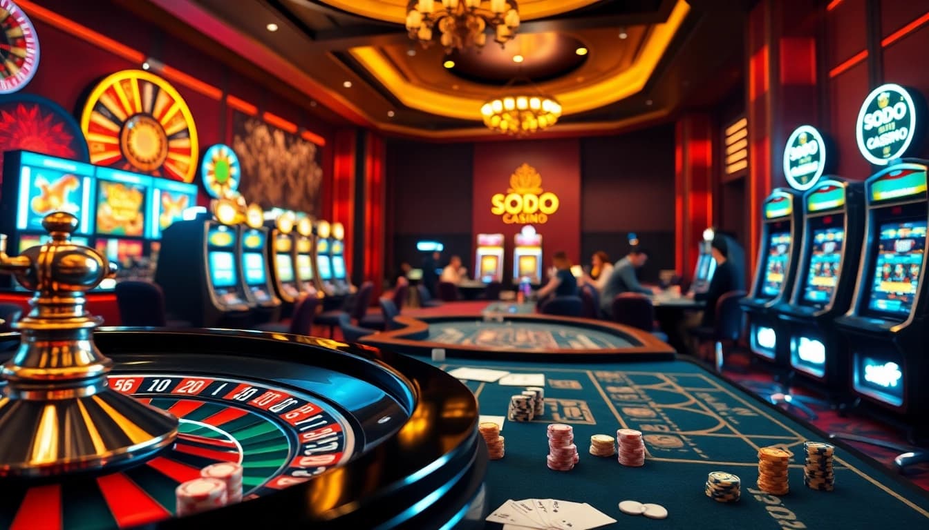SODO CASINO vibrant game scene featuring roulette table, poker players, and flashing slot machines.