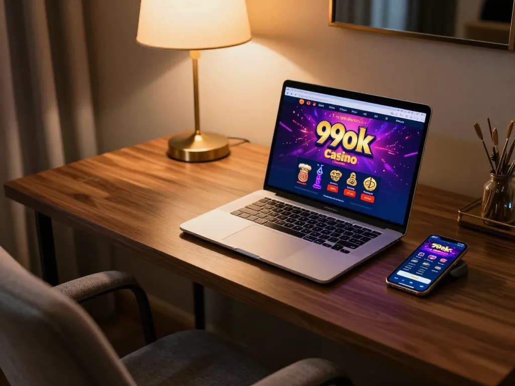 Person engaging in online gaming on 99ok, showing vibrant laptop interface and smartphone app.
