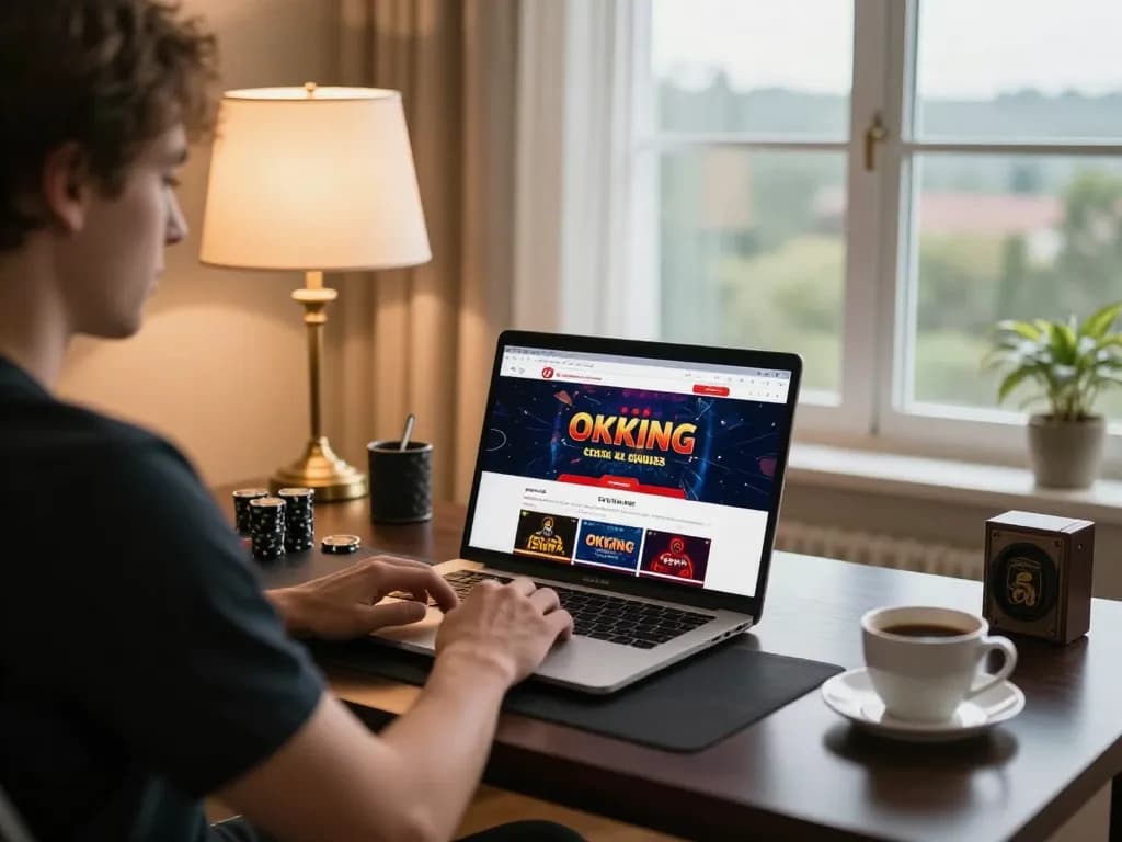 Person playing on okking online casino from cozy home setup, showcasing interactive online gaming action.