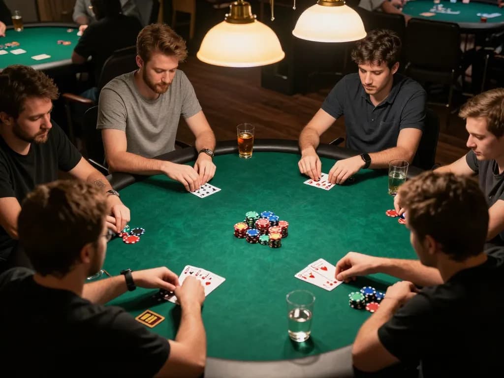 Players enjoying a thrilling poker night at Shbet com, surrounded by chips and drinks, strategizing for victory.