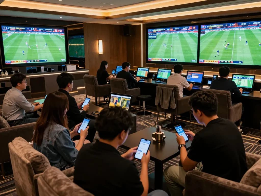 Sports enthusiasts analyzing kèo nhà cái updates on mobile devices in a luxury casino setting
