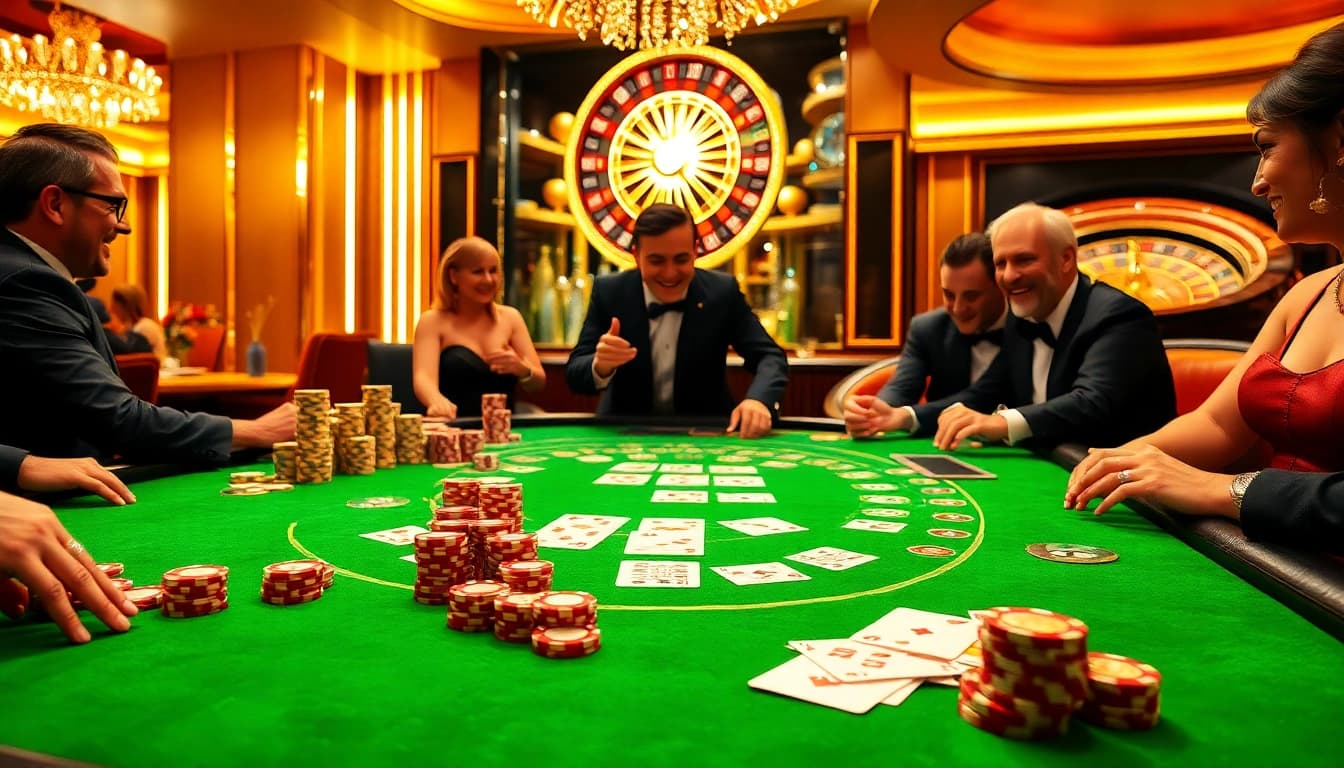 Casino table at https://bem88.com featuring blackjack action, vibrant players, and polished poker chips.