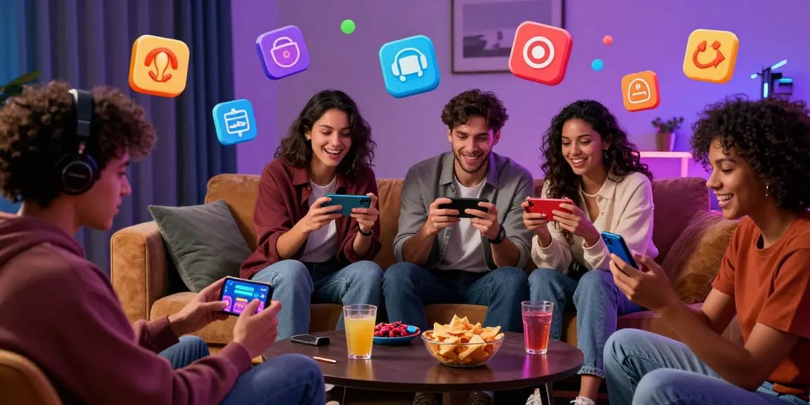 Engaging friends enjoying free casino games from https://apkbetgames.com.pk/ in a vibrant living room atmosphere.