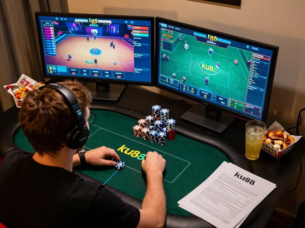 Engaged player using ku88 to excel in online poker, focused on dual monitors.