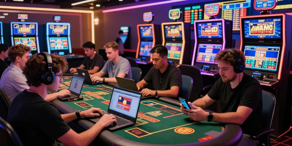 Excited players at credit card casinos using laptops and smartphones to make deposits in a vibrant gaming environment.