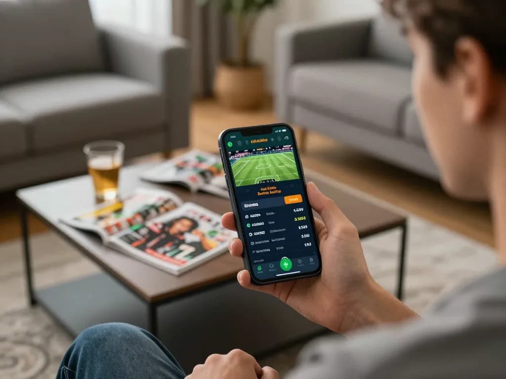 Person engaging with ca khia sports betting app on smartphone in cozy home setup, depicting excitement and strategic involvement.