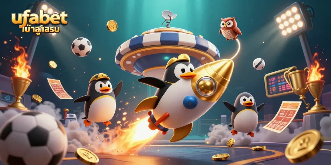 Experience ufabet เข้าสู่ระบบ as a golden penguin blasts through a vibrant casino space landscape.