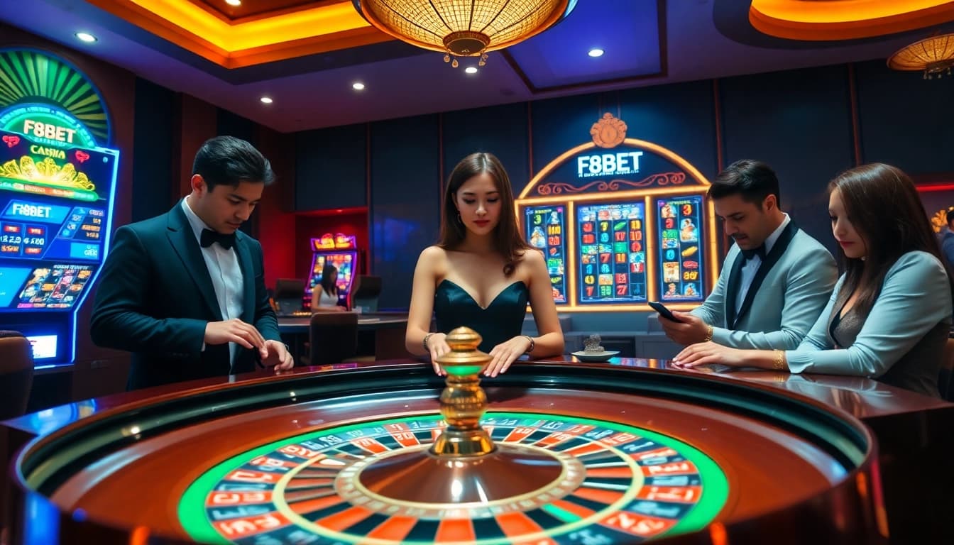 Gamblers enjoy the excitement of F8BET at a luxury casino roulette table.