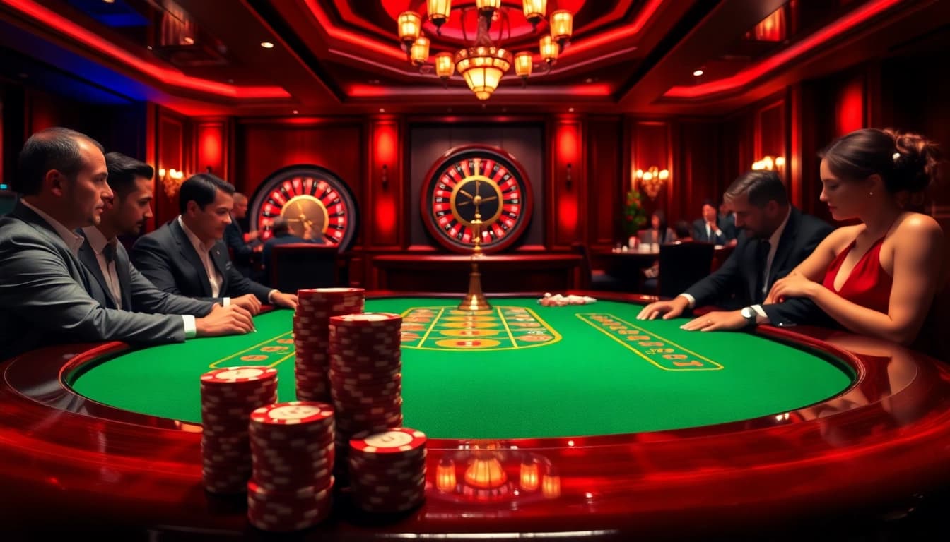 Intense poker game at RR88 casino with professional players and vibrant table setup.