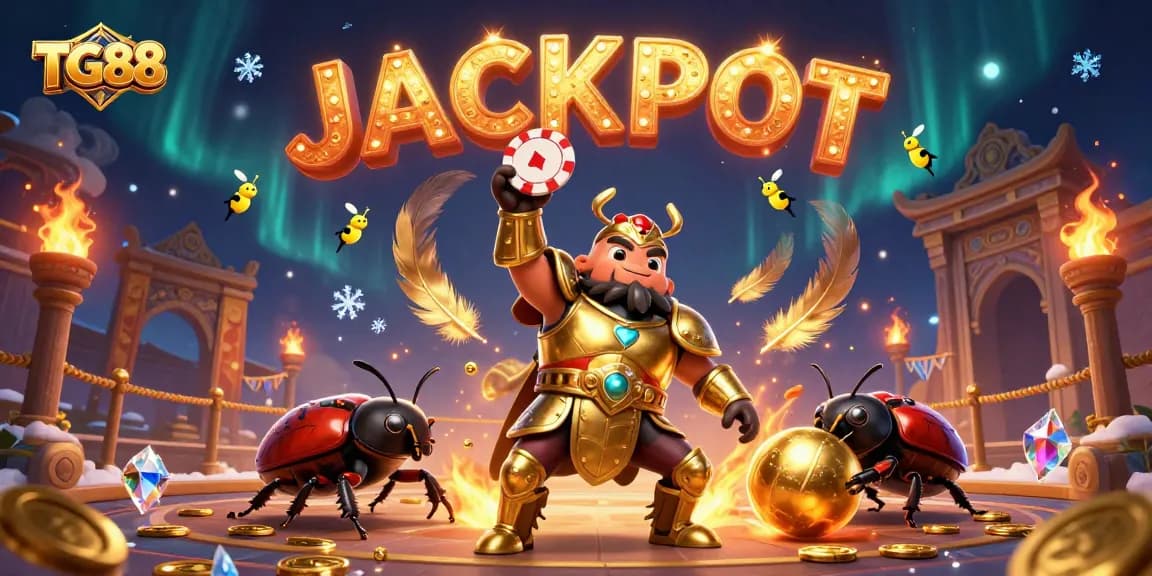 Win big with TG88 as a hercules beetle triumphantly lifts a poker chip in this vibrant gambling scene.