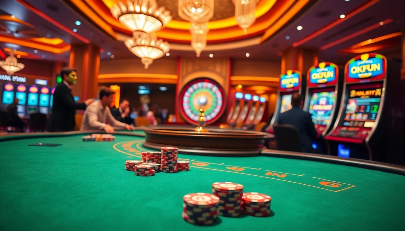 Engaging casino scene promoting OKFUN with vibrant tables, poker chips, and slot machines.