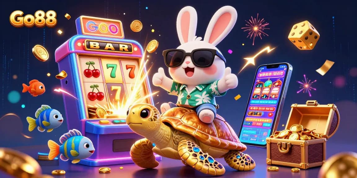 Join the fun at Go88 with a lucky rabbit and golden sea turtle in an exciting casino scene!