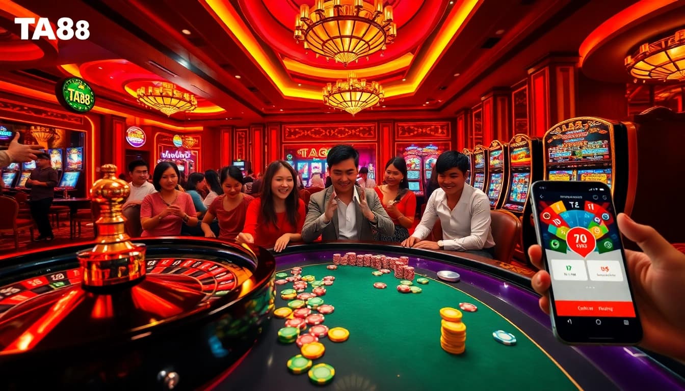 TA88 immersive gaming experience with vibrant roulette wheel, poker chips, and slot machines.
