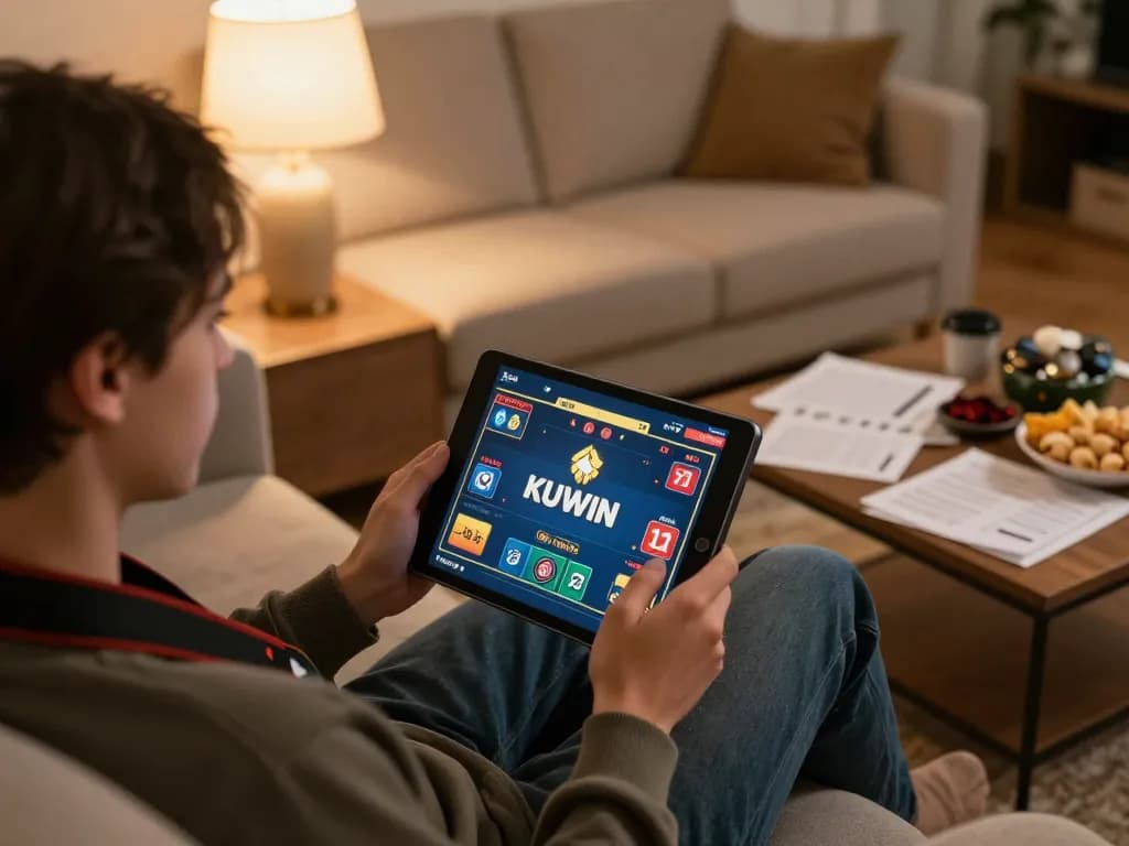 Kuwin player enjoys online gaming experience with a tablet in a cozy home setting while managing bankroll