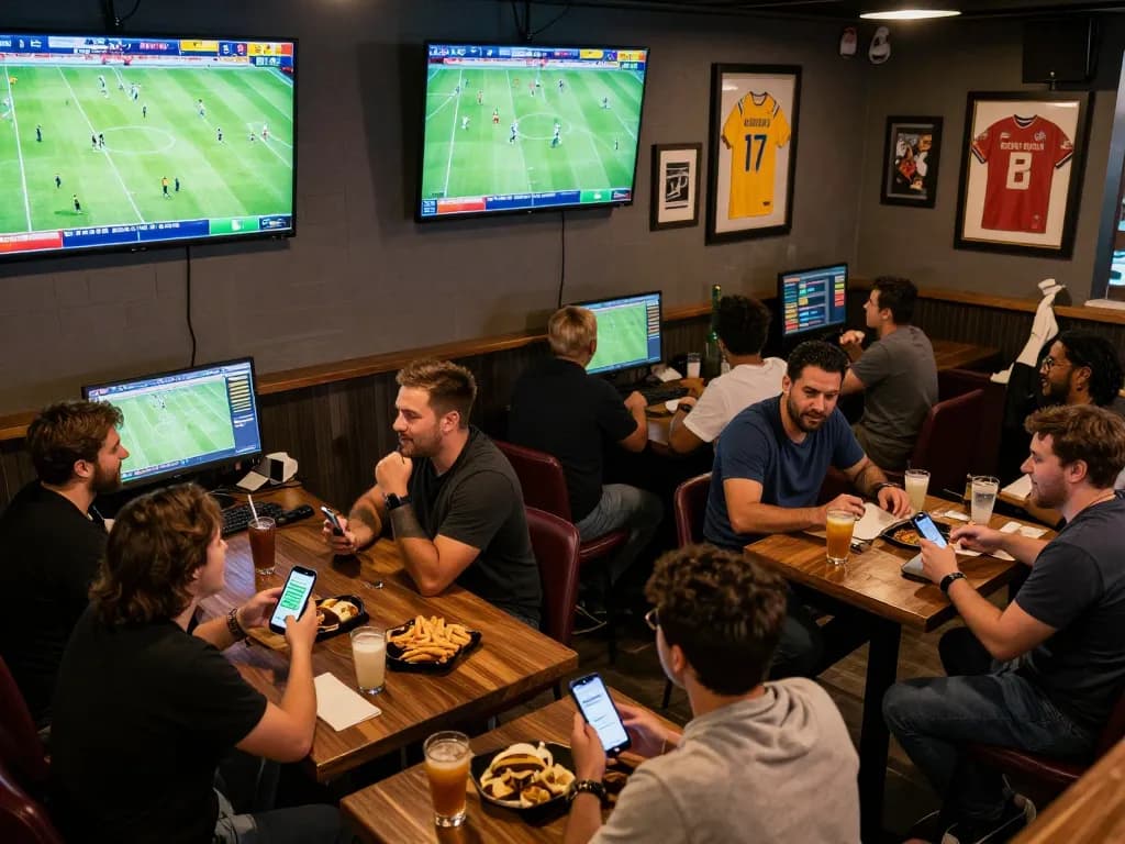 Engaged bettors analyzing stats and placing bets on เว็บแทงบอล in a lively sports bar atmosphere