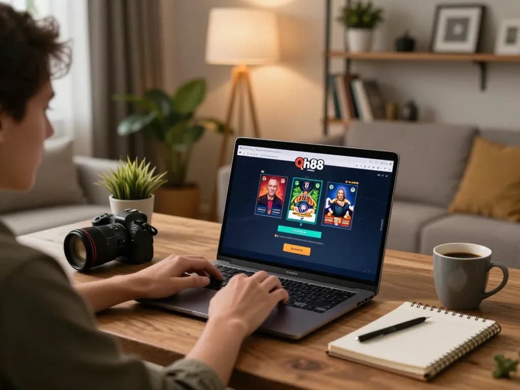 Qh88 đăng nhập interface displayed on a laptop at a cozy home gaming setup, emphasizing strategic online gambling.