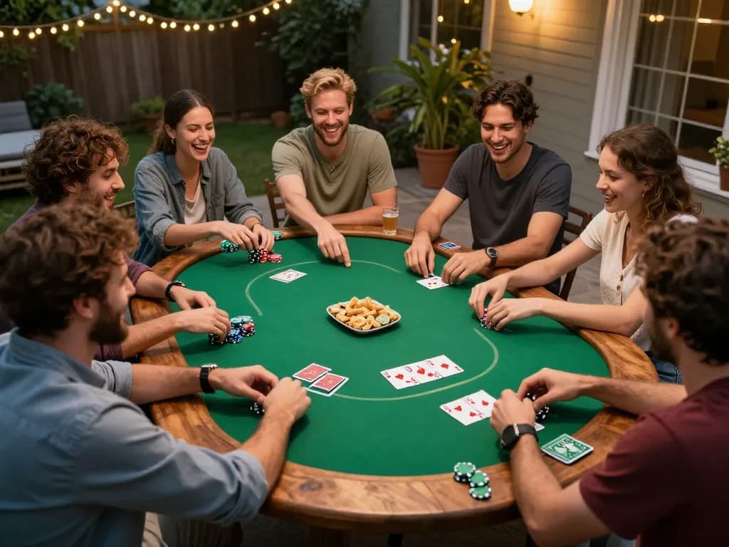 Trải nghiệm gameplay đá gà thomo HD độ nét cao khi bạn bè tham gia chơi poker cạnh tranh tại nhà, chip chất đống và bài được chơi.