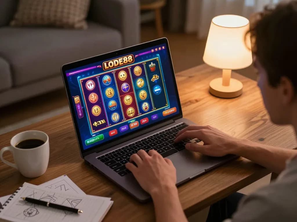 Player engaging with LODE88 online casino games, blending comfort and strategy in a cozy home setting.