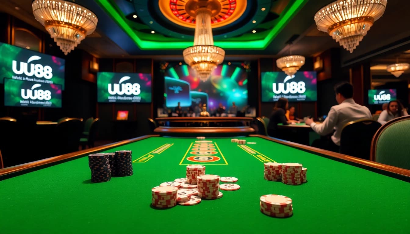 Engaged players at a luxurious uu88 casino gaming table with poker chips and cards.
