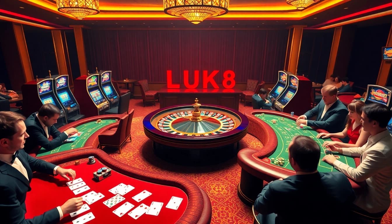 Players engaging in a lively LUCK8 casino game surrounded by vibrant slot machines and roulette wheels.