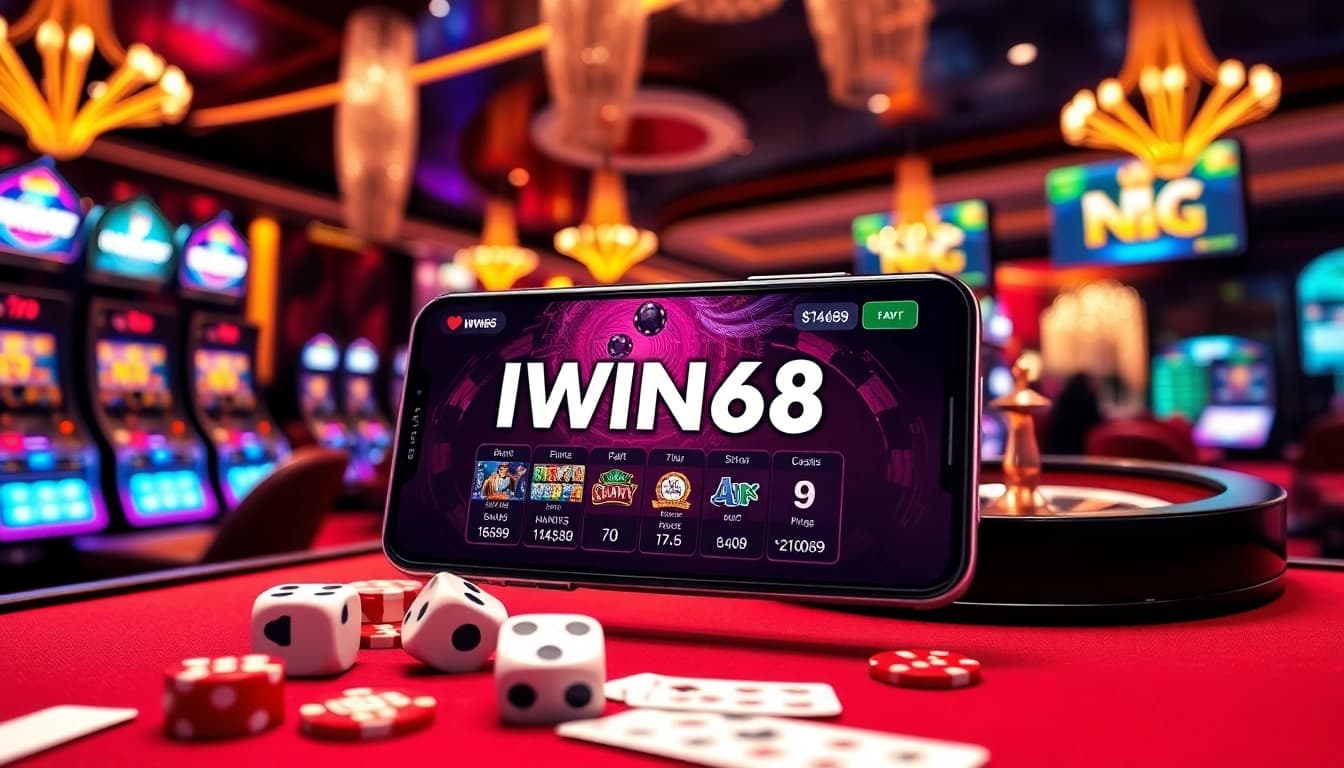 Experience thrilling gaming at IWIN68 with vibrant casino visuals featuring poker chips and slot machines.