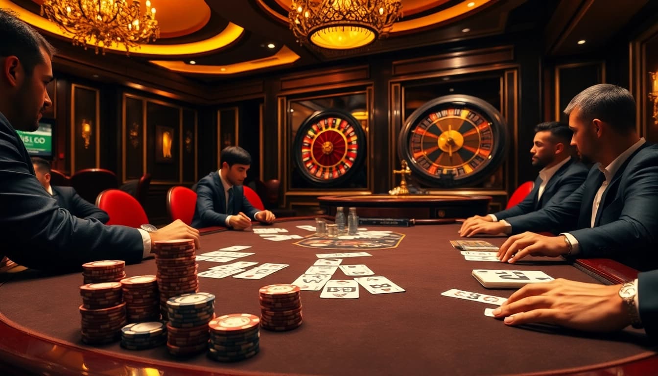 Players strategizing in a high-stakes poker game at a luxurious casino emphasizing tr88 luxury and excitement.
