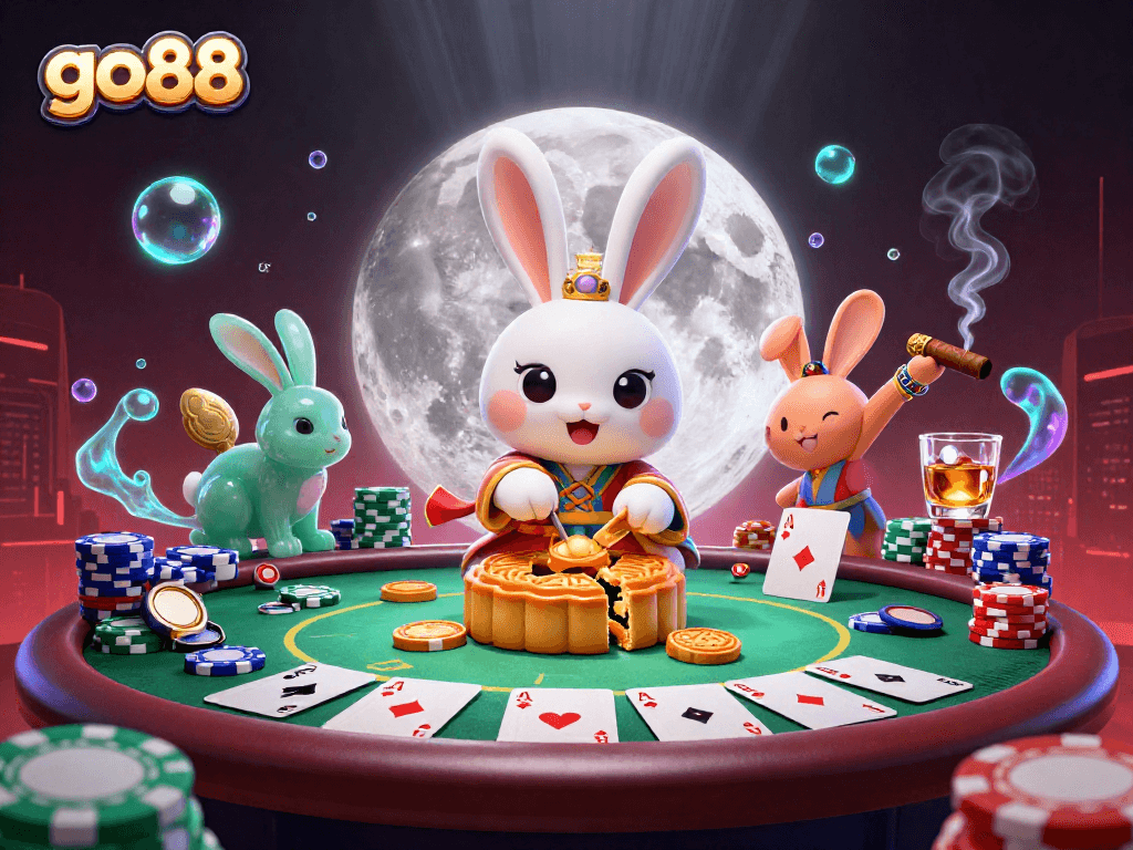 Experience go88's exhilarating poker scene with a moon rabbit and golden chips.