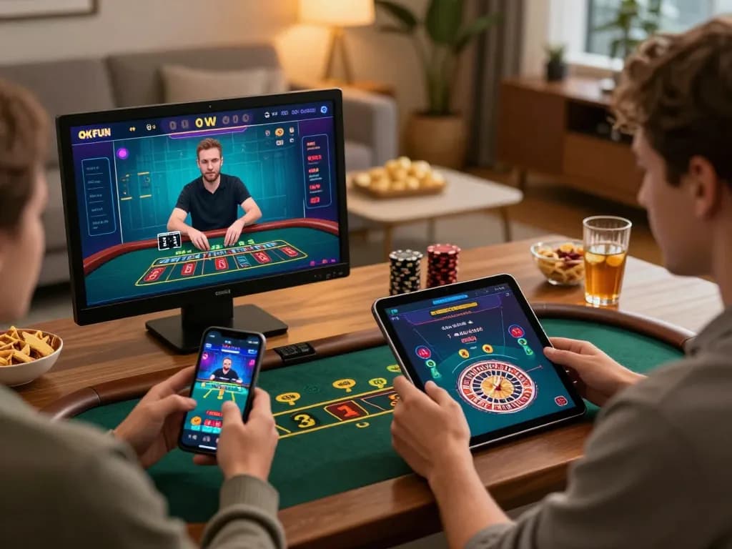 Players engaged in online gambling using OKFUN for live dealer blackjack and roulette games.