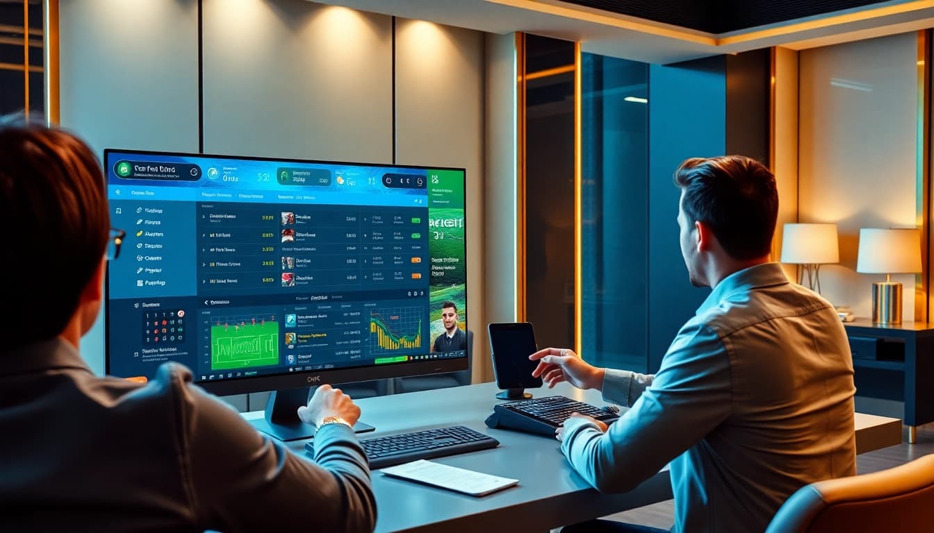 Engaged bettors enjoying แทงบอล on a high-tech online sports betting platform, showcasing live odds and vibrant betting slips.