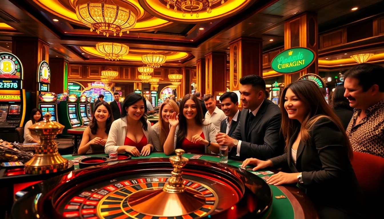 Players celebrating big wins at Juragan77 casino with vibrant slot machines and roulette wheels.