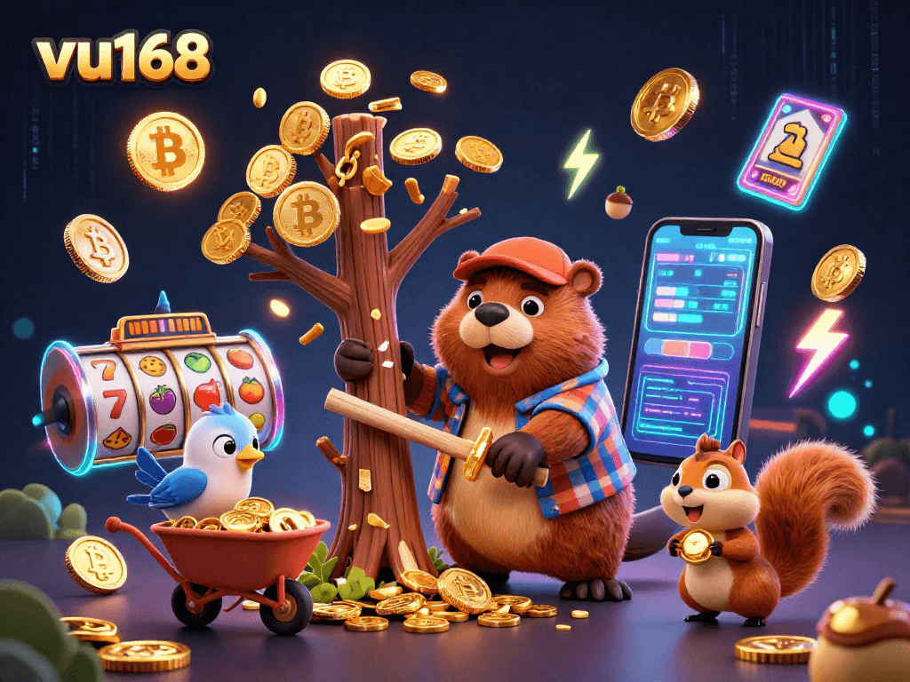 Experience thrilling gaming at vu168 with cartoon characters amidst golden coins and slot reels.