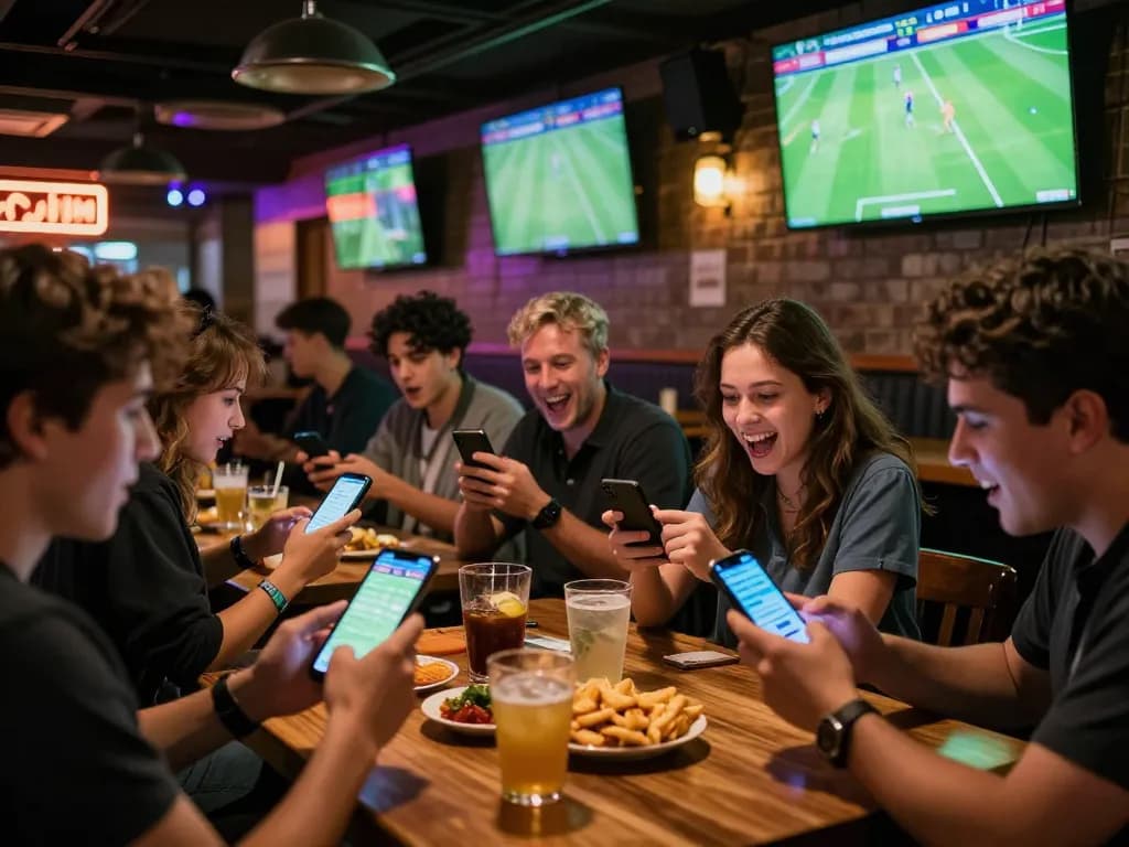 Soi Kèo sports bettors engaged in lively excitement at a bar while checking betting apps.